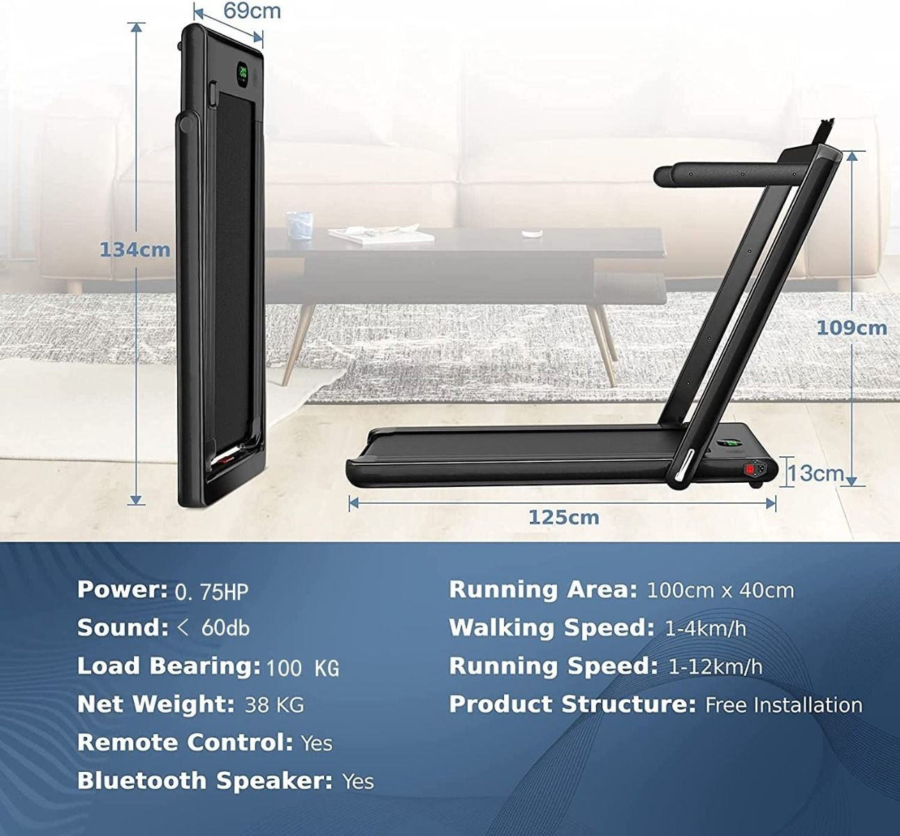 1-12Kph Folding Electric Treadmill with Bluetooth – Compact & High-Performance